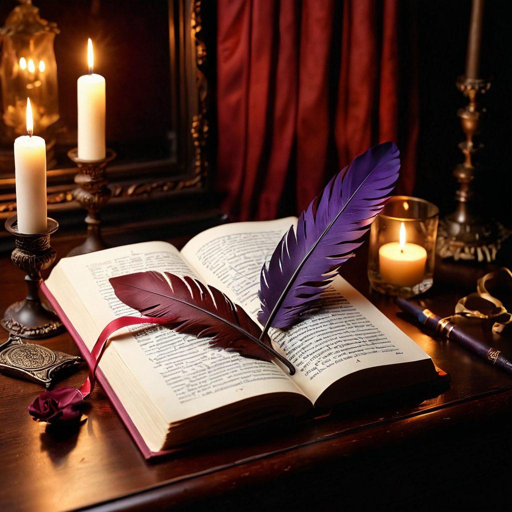 A captivating book open to its pages, surrounded by soft candlelight, showcasing vivid illustrations of passionate scenes intertwined with artful storytelling. A feather quill and ink pot rest nearby, symbolizing the craft of writing. Sensual colors of deep reds and purples infuse the ambiance, creating an intimate atmosphere. Delicate floral elements can be seen entwined with the text, suggesting a blend of romance and eroticism. 3D, super-realistic, dramatic lighting.
