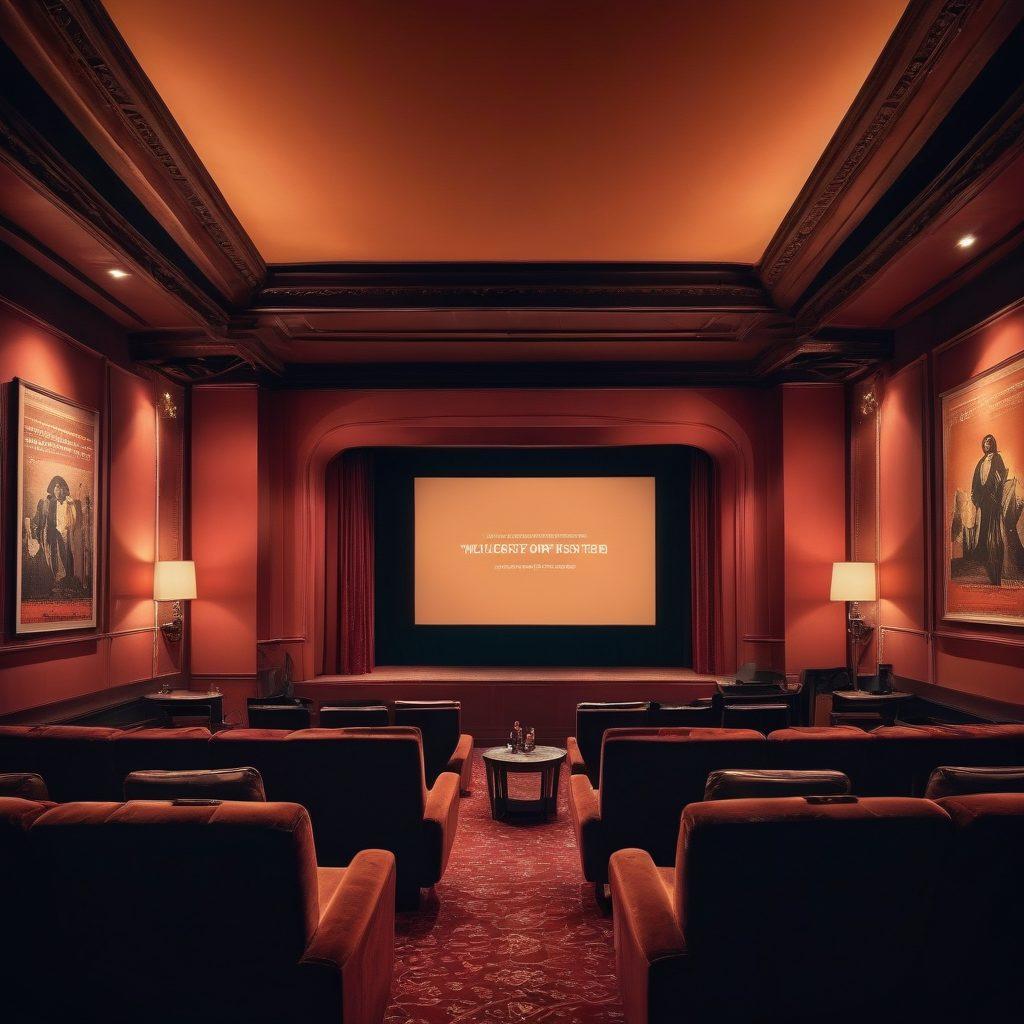 A captivating scene showcasing an elegant cinema hall with vintage decor, soft romantic lighting, and plush seats. In the foreground, an artistically arranged collection of vintage adult film posters and sexual wellness books, subtly hinting at exploration and intimacy. A silhouette of couples enjoying a film plays on the large screen, evoking intrigue and passion. Emphasize a warm color palette and an inviting atmosphere. vibrant colors. super-realistic.